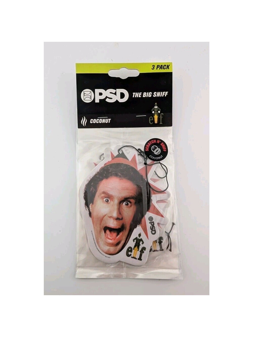 Elf Coconut Car Air Freshener 3 Pack Fresheners Will Farrell Face PSD